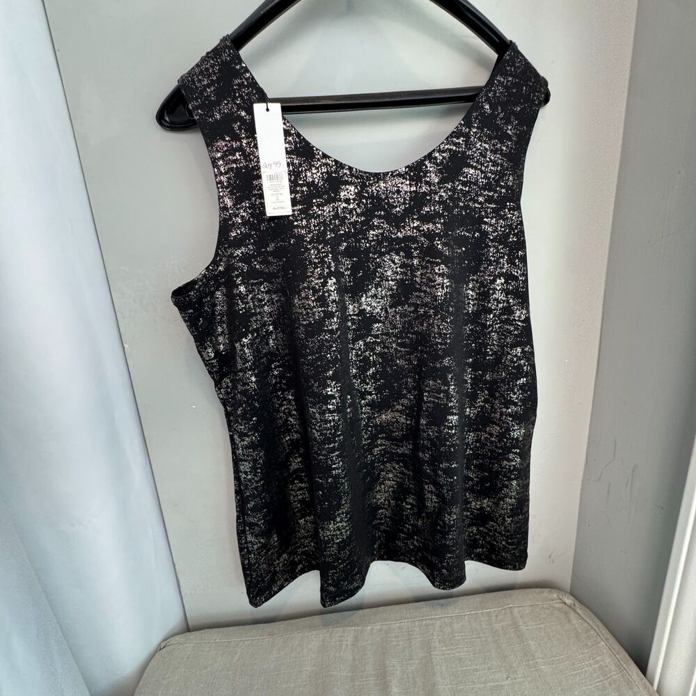 Chico’s Size 2 Black Silver Foil Tank Top NWT Metallic Stretch Sleeveless Top